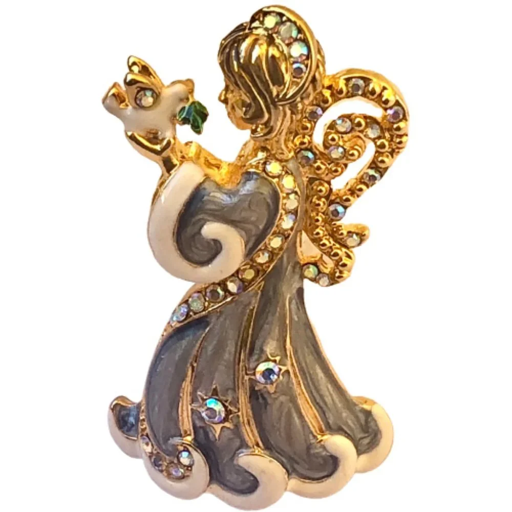 Christopher Radko Vintage Christmas Angel Brooch Blue Enamel Rhinestones Dove